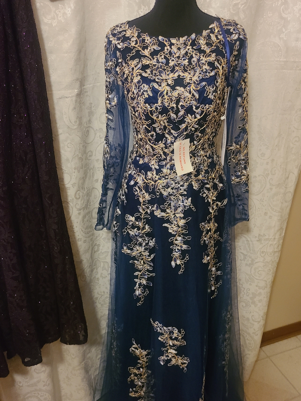 Richard Meier Navy Blue Long Sleeve Embroidered Gown